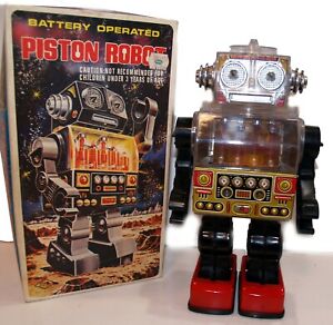 Vintage PISTON ROBOT Tin Litho & plastic 12" w/Box SJM Space Toy 