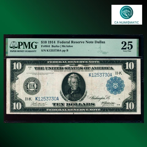 Fr.944 1914 $10 Ten Dollars Federal Reserve Note Dallas, PMG 25, 53730 Cover
