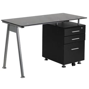 Flash Furniture Singleton Black Glass Computer Desk with Three Drawer Pedestal - Picture 1 of 6