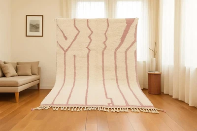 Handmade Moroccan Beni Ourain Rug – Custom Wool Area Carpet with Pink Geometric - Image 1 of 4