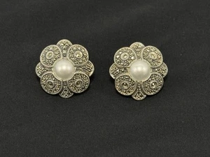 Judith Jack cultured pearl Marcasite pyrite stud earrings 925 sterling silver JJ - Picture 1 of 8