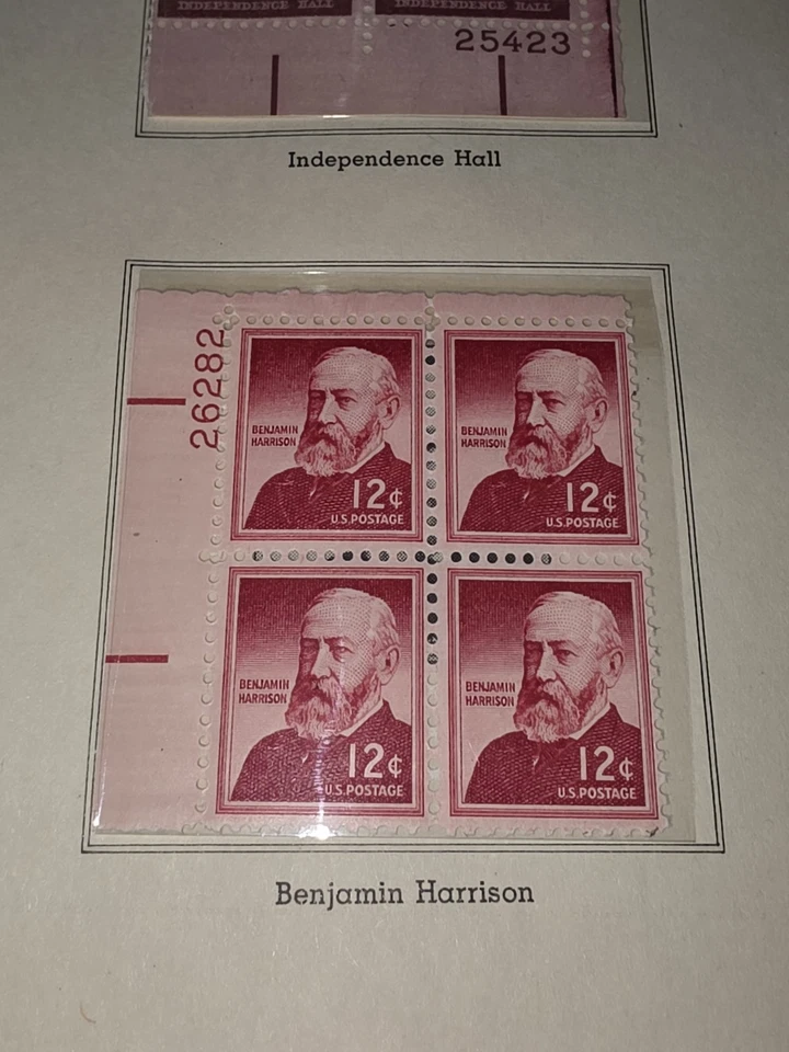 US Stamps Scott 1045 12c plate block 1959 Benjamin Harrison Issue Unused - #J16 - Image 1 of 1