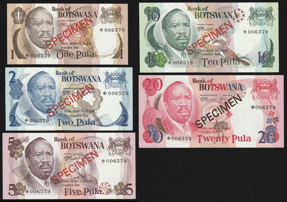 ESPECIMEN BOTSUANA 1, 2, 5, 10, 20 Pula ND (1979) serie 006579. P-CS1 UNC. (5). Foto 1 de 1
