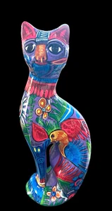 Talavera Cat Bank (with plug)  Mexican Folk Art Blue Flower Shine - Picture 1 of 7
