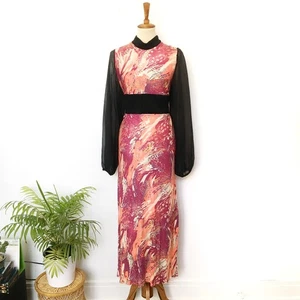 Vintage 60's 70's Pink & black psychedelic high collar dress Size Medium Large - Picture 1 of 15