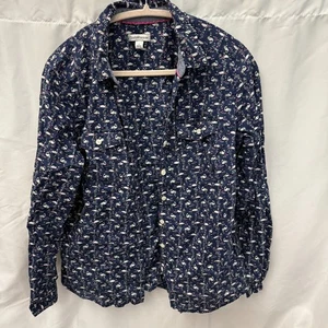 Croft & Barrow Women’s Button Down Blouse Size L Navy Swan Print Cottagecore EUC - Picture 1 of 7