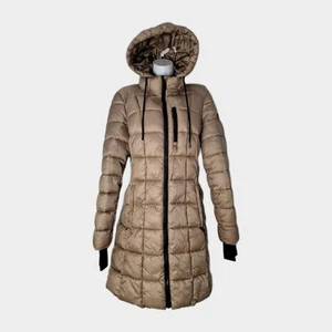 Michael Kors Packable Quilted Hooded Down Jacket Puffer Coat Sz M Beige Gold - Picture 1 of 14