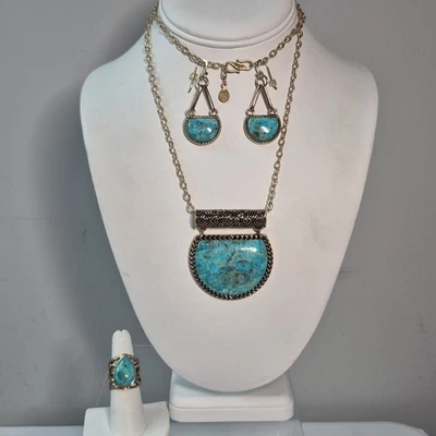 Vintage Barse Brass Turquoise Necklace Chain Pendant Earrings Ring Sz 7 Set - Image 1 of 4