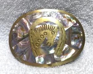 Gold Horse Horseshoe Embedded Abalone Western Cowboy Belt Buckle Great Vintage ! - Picture 1 of 9