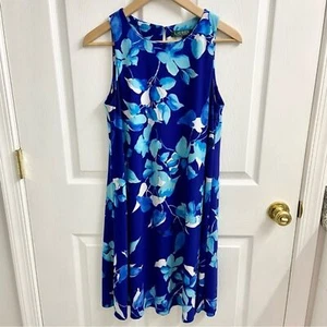 Lauren Ralph Lauren Women's Floral Sleeveless Swing Dress Size 8 Stretchy Blue - Picture 1 of 5