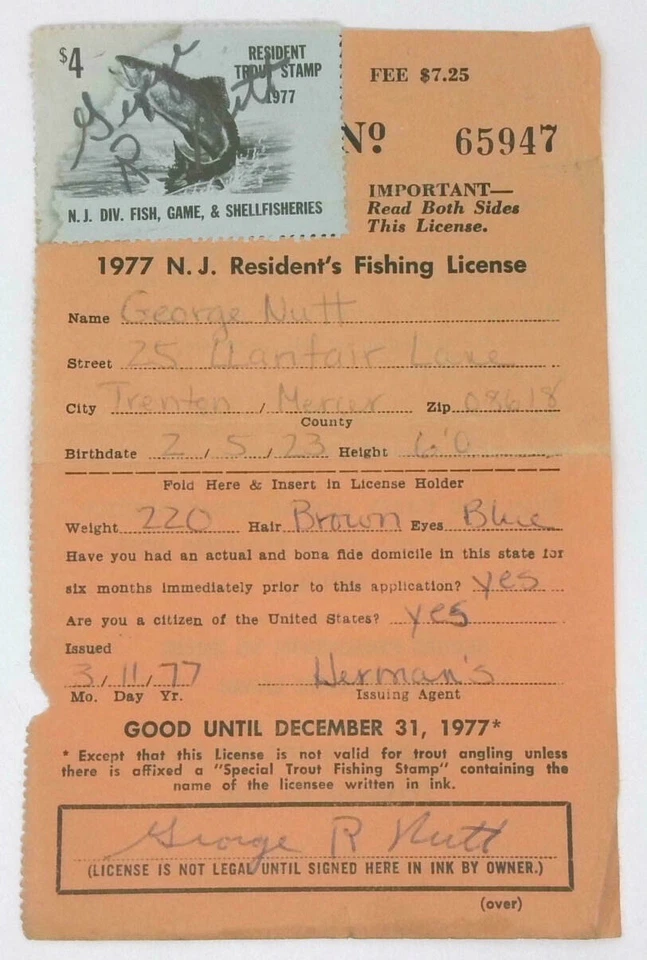 1977 New Jersey Resident Sport Fishing Stamp License Permit Tag..Free Shipping! - Image 1 of 1