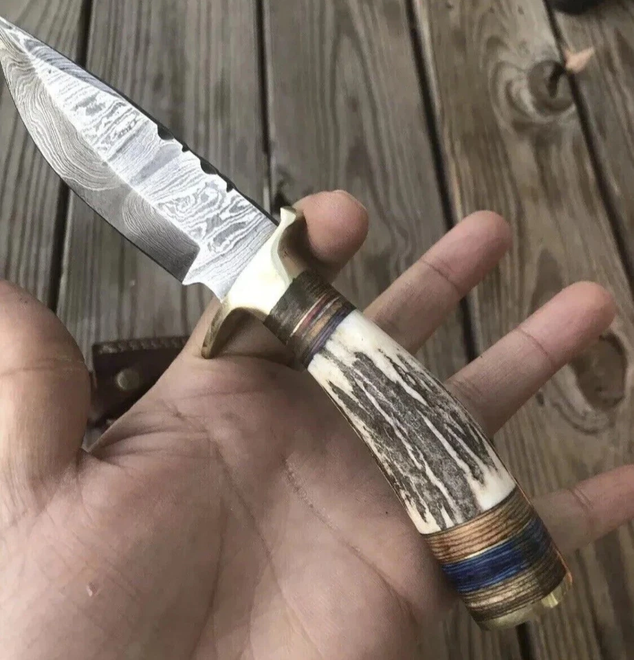Vintage Custom Made Damascus fix blade Outdoor EDC Hunting knife Stag Handle - Image 1 of 1
