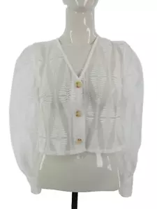 Nasty Gal Mesh Shirt Crop White Embroidered Top Balloon Sleeve Sheer size UK 8 - Picture 1 of 12