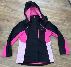 YOUTH GIRL’S REEBOK FULL ZIP BLACK & PINK REMOVABLE HOOD JACKET SIZE LARGE (14) - Picture 1 of 12