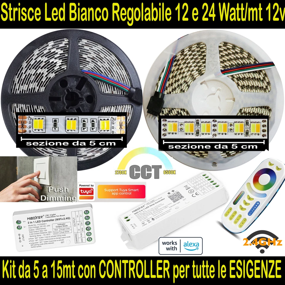 STRISCIA LED Bianco Regolabile CCT da 60 e 120 Led/mt STRIP Regola Luce Nastro - Immagine 1 di 1
