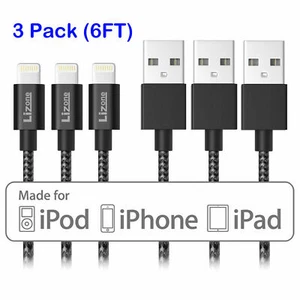 Paquete de 3 cables Lightning 6 pies con certificación MFi negro impecable Apple iPhone iPad iPod - Imagen 1 de 5