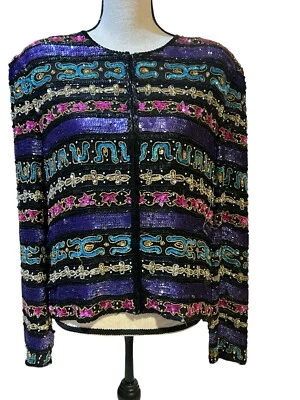 Nina Piccalino Vintage 80’s All Sequin Beaded Heavy Silk Hook Loop Jacket Sz 16 - Image 1 of 4