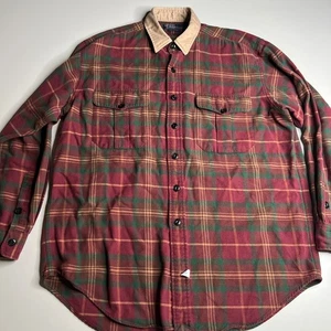 90er Polo Ralph Lauren kariertes Flanellhemd M beige Cordkragen 100% Baumwolle - Bild 1 von 8
