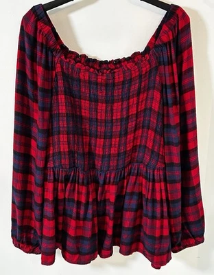 Torrid 女式 4X 红色蓝色黑色格子法兰绒缩褶荷叶袖上衣二手状况完好 — 第 1/4 张图片