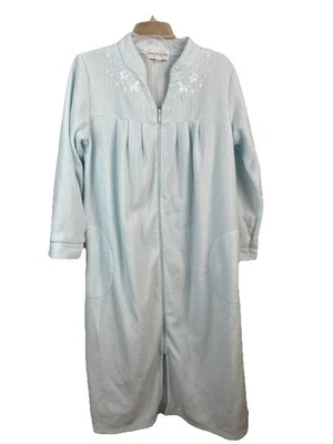 Miss Elaine Petite Med Embroidered Velour Zip Front Long Robe Baby Blue - Image 1 of 4