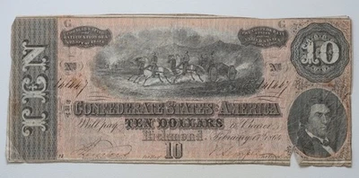 Billete de 10 dólares CSA de 1864 de los Estados Confederados de América/N1 Foto 1 de 2