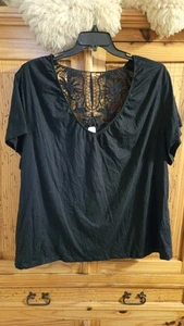 Womens 4XL V Neck Black Crochet Back Short Sleeve T Short - Picture 1 of 4