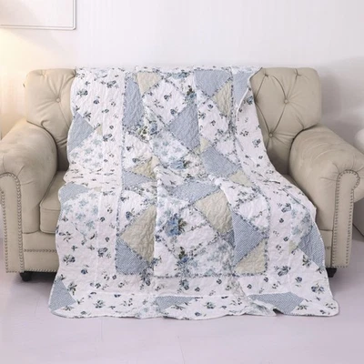 Twin Size Patchwork Quilt Throw Blanket for Couch Sofa Blue Vintage Floral Re... - Image 1 of 4