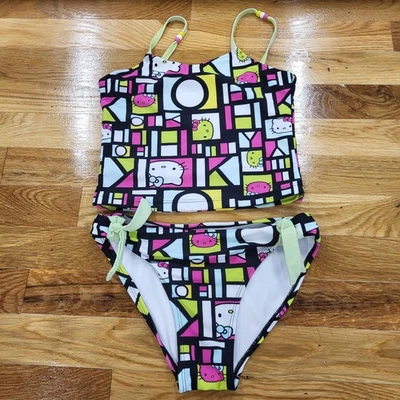Traje de baño Hello Kitty By Sanri♡ para niña talla 10/12 rosa verde neón 2 piezas con cuentas  Foto 1 de 4