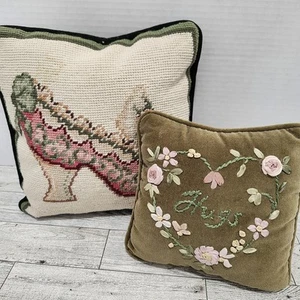 Needlepoint Victorian Shoe Pillow, Green Velvet Hugs Mini Pillow Ribbon Flowers - Picture 1 of 7