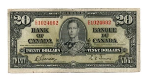 20 DOLLARS VG- FINE BANKNOTE FROM BRITISH CANADA 1937 PICK-62 - Picture 1 of 2