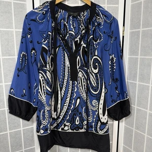 Top túnica Karen Kane para mujer XL azul negro cachemira cuello atado boho campesino - Imagen 1 de 10