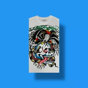 Ed Hardy Logo Mens Medium Graphic Gold Eagle Skull Tattoo White Crewneck T Shirt - Picture 1 of 16