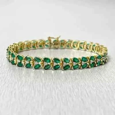 14K Yellow Gold Plated Tennis Bracelet 15Ct Marquise Cut Lab Created Emerald 7” - Image 1 of 3