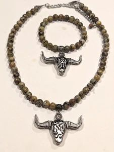 2 pc Natural Stone silver cow skull beaded necklace & elastic bracelet Taurus - Picture 1 of 13