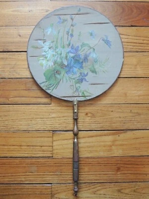 Ancien éventail écran Face à main à décor de fleurs Violette XIXeme Napoléon III - Photo 1/4