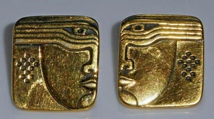 Vintage Laurel Burch Ohrringe Ägyptisches Gesicht eckig goldfarben - Bild 1 von 3