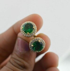 3 Ct Round Cut Simulated Green Emerald Halo Stud Earrings 14k Yellow Gold Plated