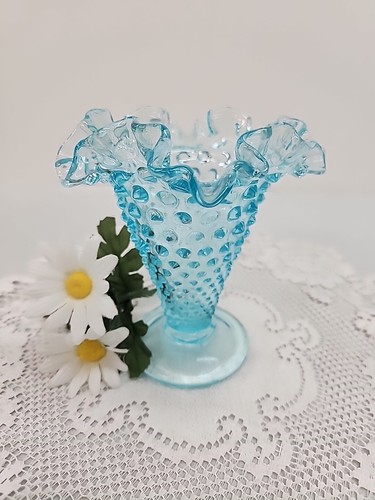 Vintage Fenton Hobnail Trumpet Aqua Turquoise Blue Glass Vase Ruffled Edge Crest