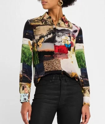 Blusa Top Mujer Alice + Olivia Cuello Seda Floral Manga Larga Foto 1 de 4