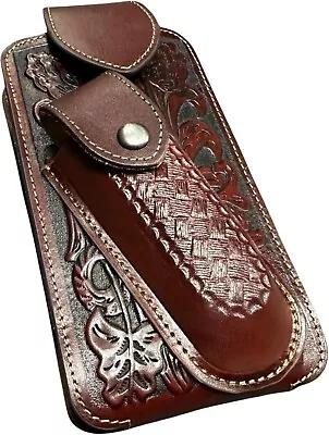 7" BASKETWEAVE & KNIFE POUCH CELL PHONE CASE HOLSTER LEATHER UNIVERSAL #EH12295 - Image 1 of 4