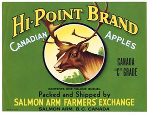 GENUINA ETIQUETA DE CAJA DE MANZANA CANADA HI POINT COLUMBIA BRITÁNICA AÑOS 50 BRAZOS SALMÓN ALCE - Imagen 1 de 1