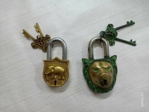 Brass Lion Face Shape Lock AND Lock With Elephant Engraving With 02 Keys Each - Picture 1 of 12