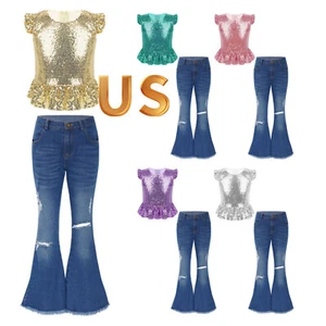 Girls 2Piece Sparkly Sequins Crop Top with Ripped Flared Jeans Pants Outfit - Picture 1 of 57
