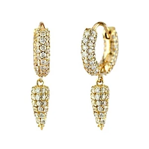 Solid 14K Yellow Gold Natural Pave Diamond Cluster Spike Drop Hoop Earrings - Picture 1 of 5