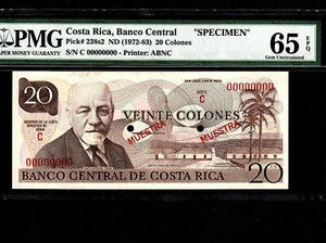 Costa Rica 20 Colones 1972-83 P-238s2 * PMG Gem Unc 65 EPQ * Specimen * - Picture 1 of 2