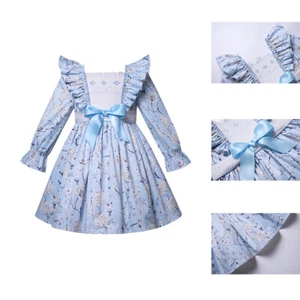 Blue Floral Smocked Dress Long Sleeves with Bow Ruffle Dress for Little Girls - Picture 1 of 15