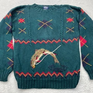 Woolrich Mens XL Fishing Fisherman Knit Sweater Novelty Pullover Green - Picture 1 of 8