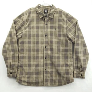 Volcom Shacket Mens Large Brown Tan Fleece Plaid Snap Front Lined Shirt *flaw - Picture 1 of 14