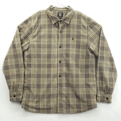 Volcom Shacket Mens Large Brown Tan Fleece Plaid Snap Front Lined Shirt *flaw - Image 1 of 4