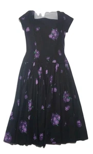 Vintage Jerry Gilden Spectator Sz 12 Black Floral Cotton Zip Back Pleated Dress - Picture 1 of 14